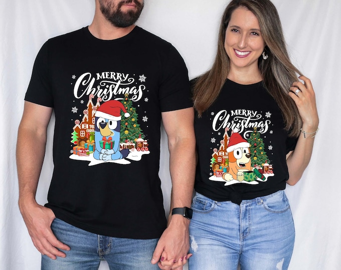 Bluey Christmas Family Matching Shirts, Bluey Christmas Night T-shirt, Bluey Bingo Xmas Vibes T-shirts, Personalized Bluey Squad Shirts