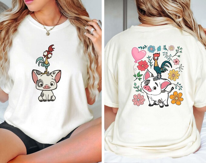 Comfort Colors® Vintage Floral Pua And Hei Hei T-shirt, Disney Moana Shirt, Moana Character Tee, Matching Disneyland Family Trip Shirts