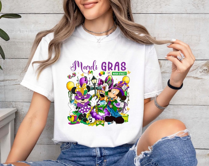 Vintage Mickey Minnie Disney Mardi Gras on Main Street Shirt, WDW Disneyland Family Happy Mardi Gras Carnival 2025, New Orleans Fat Tuesday