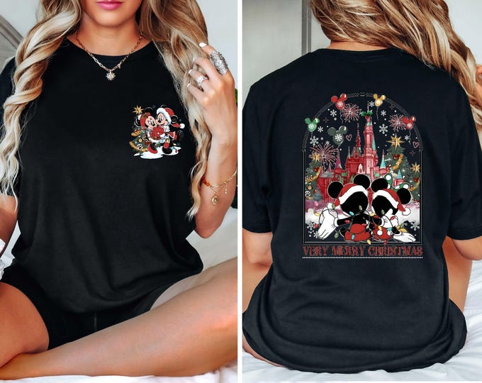 Two-sided Mickey Minnie Couple Disney Christmas Shirt, Mickey's Very Merry Christmas Party, WDW Disneyland Castle Holiday Couple Xmas Trip