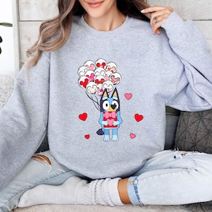 Bluey Valentine Shirt , Bleu Valentine Day Sweatshirt, Adorable Kids Gift Tee, Cute Cartoon Dog with Heart Balloons Design