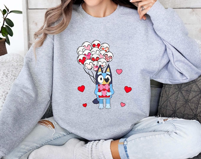 Bluey Valentine Shirt , Bleu Valentine Day Sweatshirt, Adorable Kids Gift Tee, Cute Cartoon Dog with Heart Balloons Design