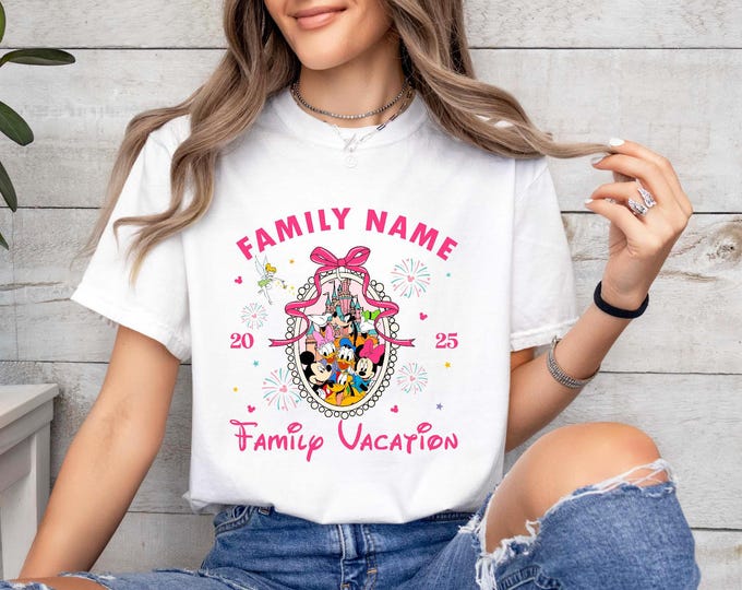 Custom Disney Family Vacation 2025 Coquette Bow Shirt, Personalized Mickey And Friends 2025 Disney Trip Bow Shirt, Disneyland Vacation Shirt