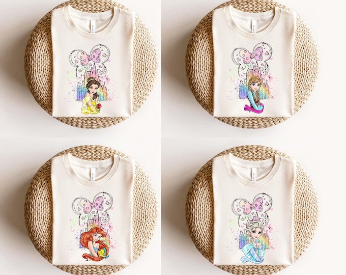 Disney Princess Minnie Bow Shirt, Water Color Princess Elsa Anna Moana Cinderella Tiana Belle Ariel Rapunzel Shirt, Disney Girls Trip Tee
