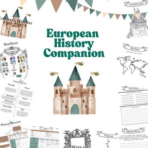 May include: A workbook titled "European History Companion" with a castle illustration. The image includes various educational pages, a map, and a timeline. The color scheme features teal, beige, and brown.