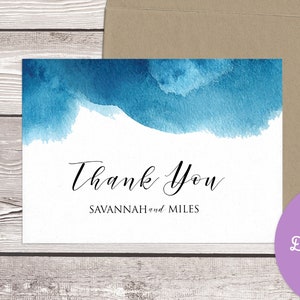 Watercolor Blue Wave Thank You Note Template, Editable Thank You, Printable Thank You, Digital, Online, DIY, Instant download Water01 image 1