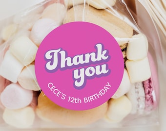 Retro Groovy Thank You favor labels, Pink 70s favor stickers, Hot Pink 80s thank you favor labels, DIY Favor Label printable |  #RollerD
