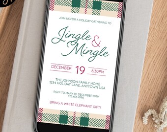 Mingle & Jingle Holiday Party Text or Evite Invitation Template, Editable Party Invite, Digital, Online, DIY, Instant download | PlaidXmas