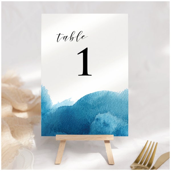 Blue Watercolor Table Number Template, Editable Table Numbers, Printable Seating Cards, Digital, Online, DIY, Instant download | #Water01