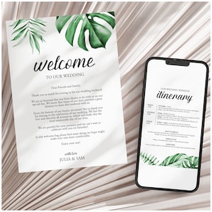 Tropical Greenery Wedding Welcome Letter + Itinerary, Template for Hotel Welcome Bag | Trop1