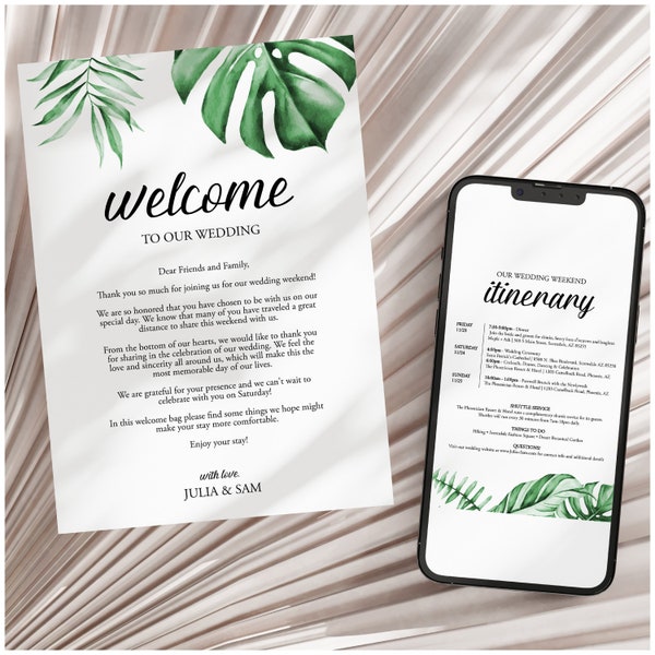 Carta de bienvenida de boda con vegetación tropical + itinerario, plantilla para bolsa de bienvenida de hotel / Trop1