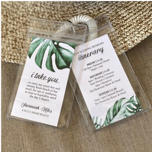 Tropical Wedding Itinerary Insert Card, Badge/Key Card Holder with Tropical Wedding Itinerary, Beach Wedding Welcome Bag Favor | Trop1