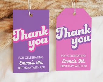 Retro Thank You favor tags, Groovy birthday party, Pink and purple, 70s Favor tag, 80s birthday, printed tags or printable tags | #RollerD