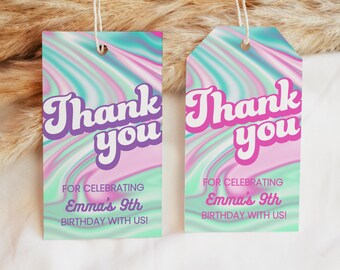 Retro Thank You favor tags, Groovy pink and purple swirl favor tags, 70s Favor tag, 80s favor tag, printed tags or printable tags | #RollerD