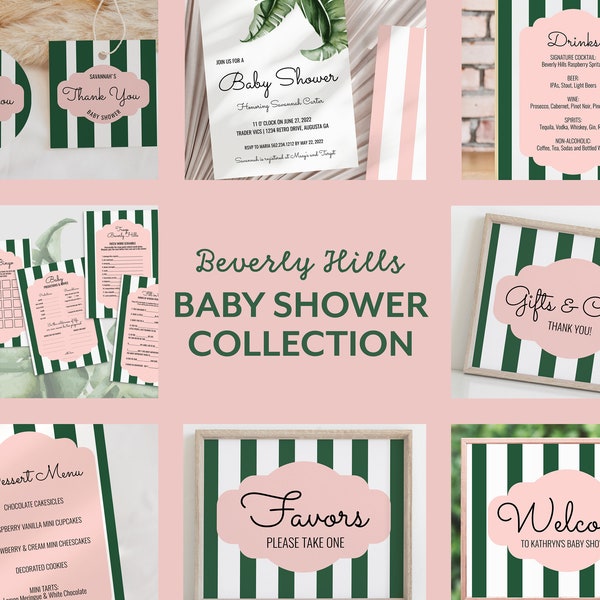 Troop Beverly Hills Baby Shower Bundle, Invitation, Menu, Games, Labels, Signs, Tags, Pink/Green Baby Shower Printables | Banana1