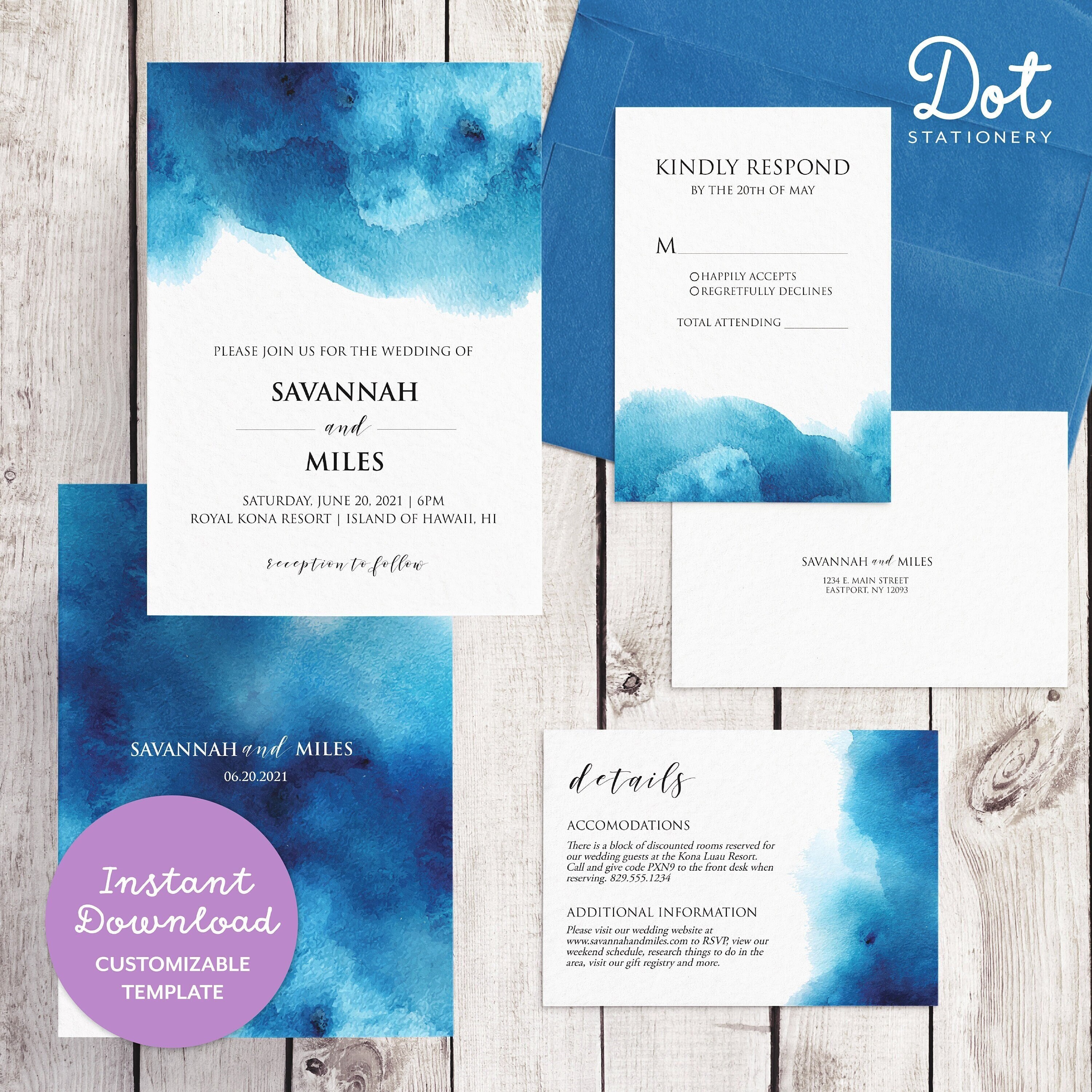 Watercolor Blue Ocean Nautical Wedding Invitation Set Etsy