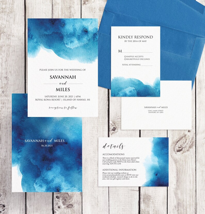 Blue Watercolor Wedding Invitation Set, Nautical Wedding Invitation, Seaside Wedding Invitation Set, Dusty Blue, Paperless Post Water1 image 1