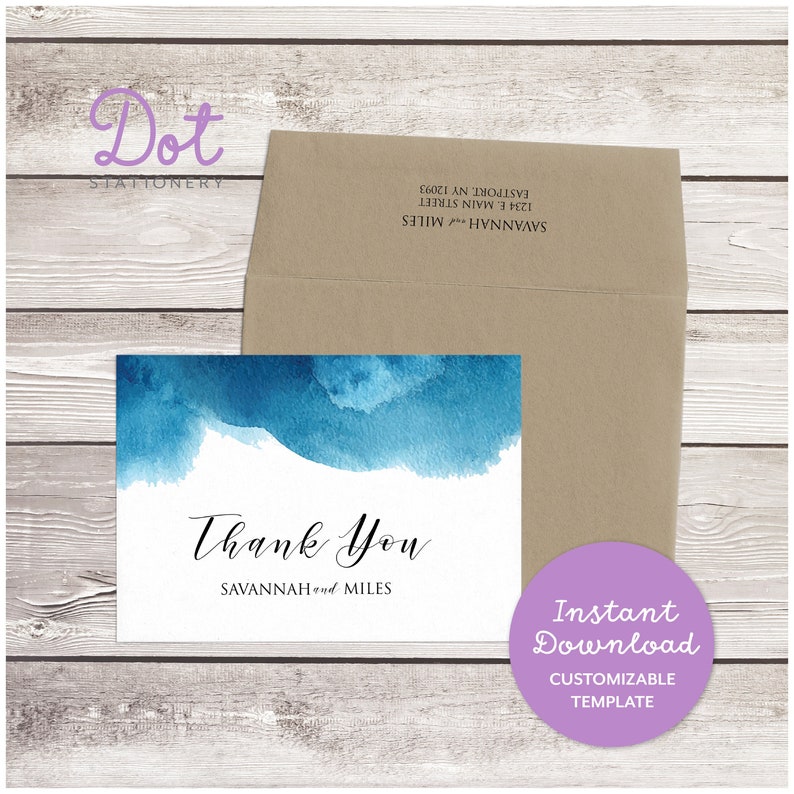 Watercolor Blue Wave Thank You Note Template, Editable Thank You, Printable Thank You, Digital, Online, DIY, Instant download Water01 image 1