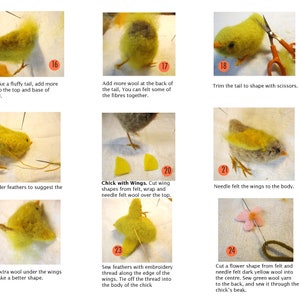 May include: Step-by-step instructions for crafting a felt chick. The image shows various stages, including adding wool, shaping the tail, attaching wings, and adding a flower. The chick is yellow and gray.