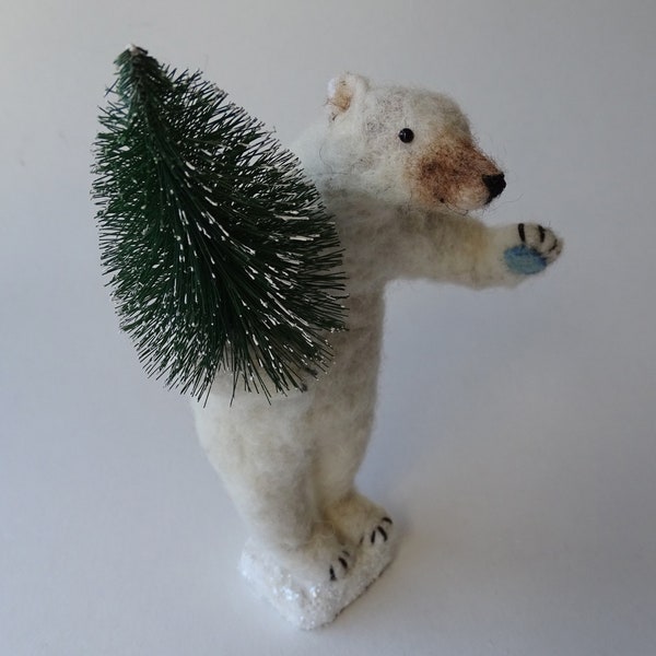 Needle Felted  Polar Bear with Frosted Tree