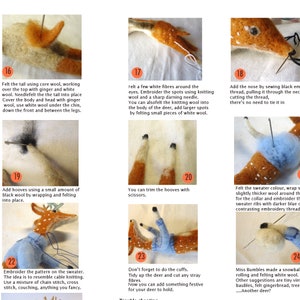 K&ouml;nnte beinhalten: Eine Schritt-f&uuml;r-Schritt-Anleitung zum Filzen eines Hirsches mit einem Pullover. Der Hirsch besteht aus brauner, wei&szlig;er und Ingwerwolle. Der Pullover ist blau. Die Anweisungen beinhalten das Hinzuf&uuml;gen von Details wie Hufen, Augen und Nase.