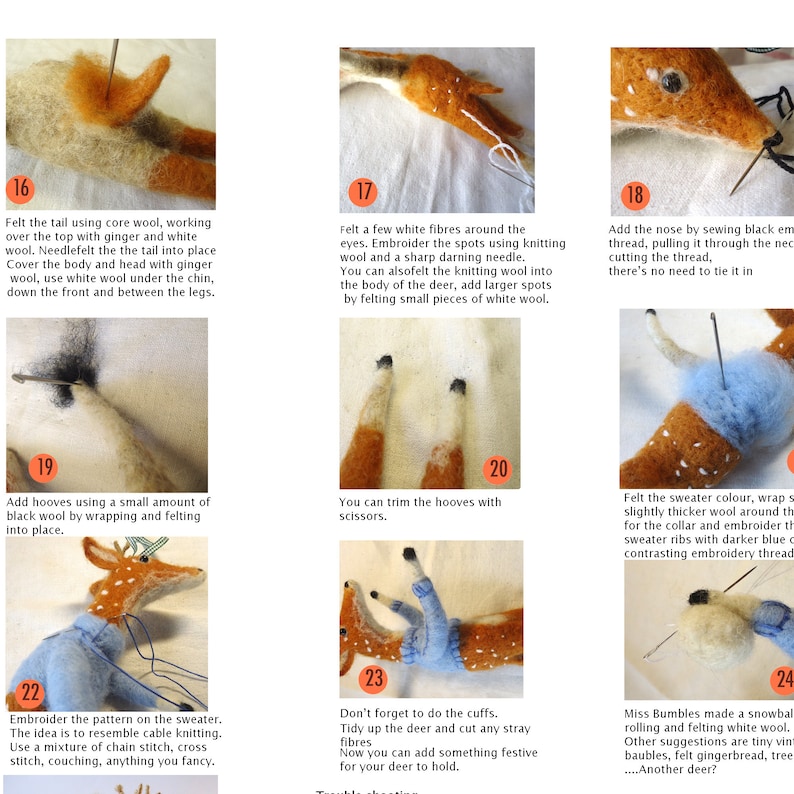 K&ouml;nnte beinhalten: Eine Schritt-f&uuml;r-Schritt-Anleitung zum Filzen eines Hirsches mit einem Pullover. Der Hirsch besteht aus brauner, wei&szlig;er und Ingwerwolle. Der Pullover ist blau. Die Anweisungen beinhalten das Hinzuf&uuml;gen von Details wie Hufen, Augen und Nase.