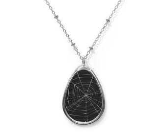Necklace, silver chain, black stone, with spiderweb - Gothic, Halloween jewelry, dark fashion, unique pendant, witchy accessory