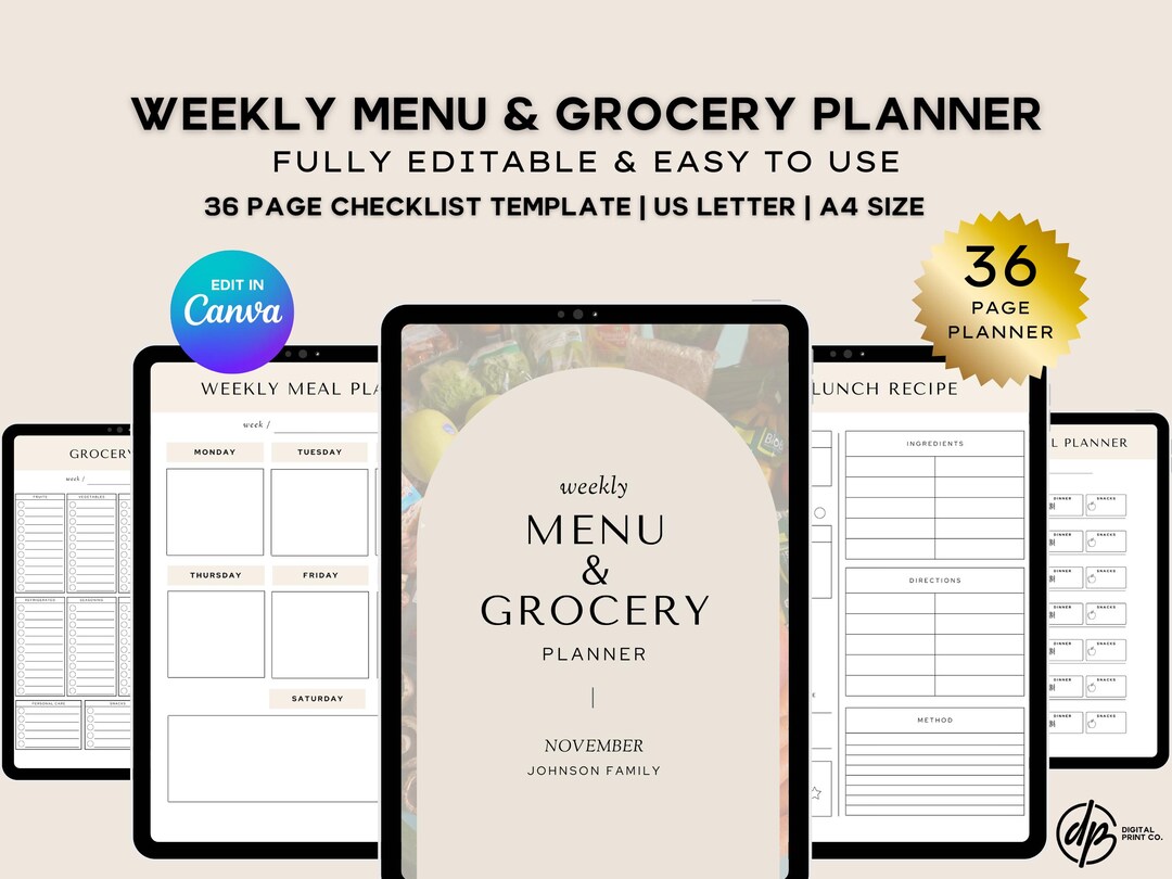 Weekly Menu and Grocery Planner | Editable Meal Planning Guide ...