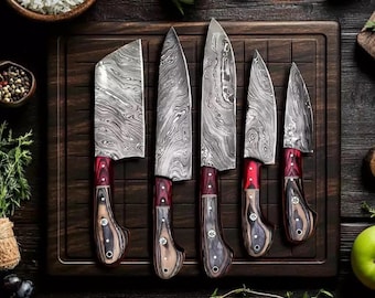 Handmade Damascus Chef Knife Set, Pakka Wood Handle, Leather Sheath
