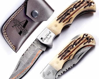 Navaja de bolsillo personalizada de acero de Damasco y cobre: mango de asta de ciervo, grabado gratuito.