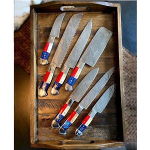 Handmade Damascus Steel Chef Knife Set: Texas Flag Handle, Kitchen Knives