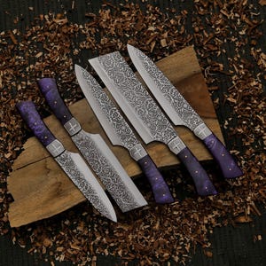Damascus D2 Steel Chef Knife Set with Leather Roll