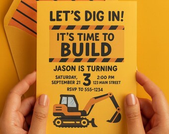 May include: A yellow construction-themed birthday invitation with the text "LET'S DIG IN! IT'S TIME TO BUILD." The invitation includes details for Jason's 3rd birthday, with an excavator graphic. The envelope has black and orange stripes.