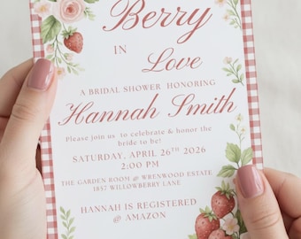 Erdbeer Brautparty Einladung: Berry in Love Gingham Floral (Digitaler Download)