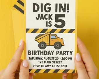 May include: A yellow birthday party invitation with the text "DIG IN! JACK IS 5" and a cartoon dump truck. The invitation includes party details: date, time, address, and RSVP information.