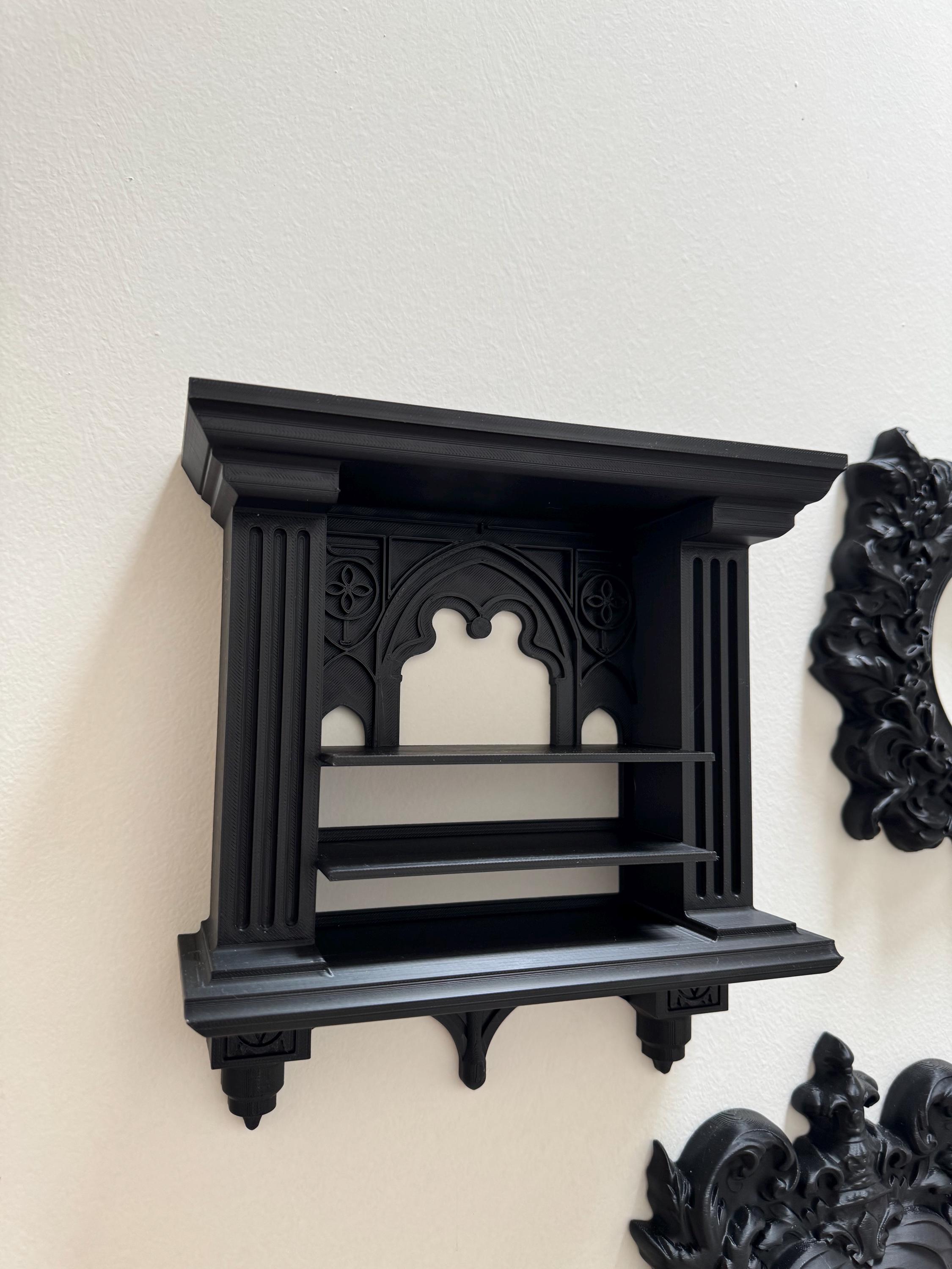 Black Gothic Cathedral Window Wall Shelf | Medieval Gothic Decor Display Shelf for Crystals, Candles or Altars | Wall Mounted Shelf