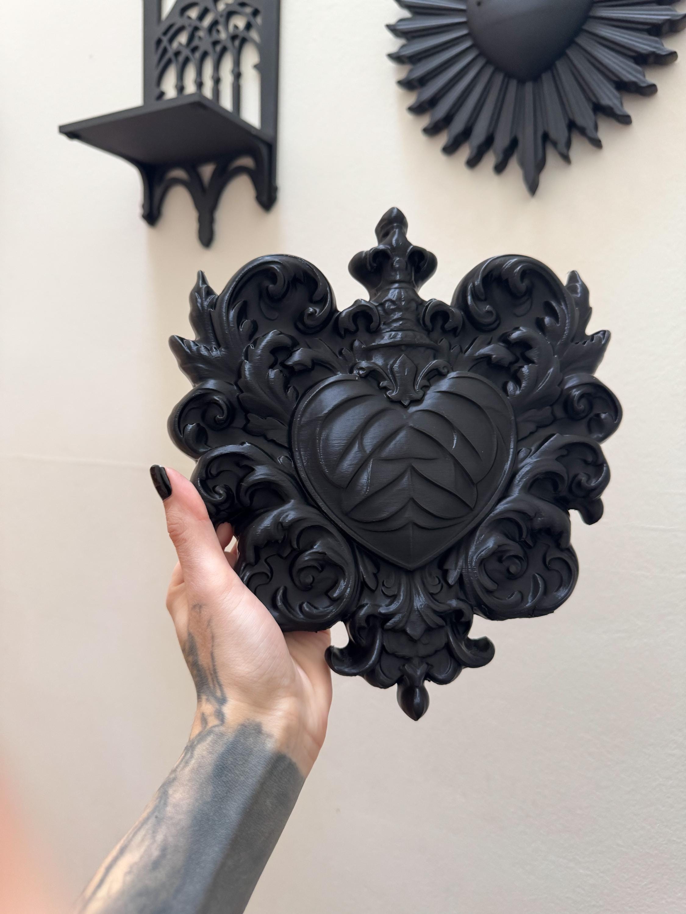 Gothic baroque heart wall decor in matte or gloss black ornate heart plaque for romantic dark home or spooky vintage gallery wall