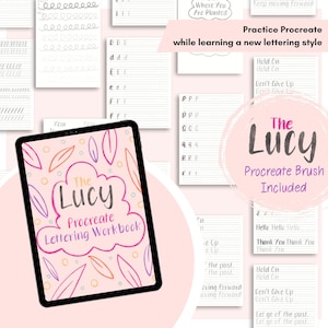 May include: A digital tablet displaying a pink and orange illustration of leaves and a cloud with the text "The Lucy Procreate Lettering Workbook". The tablet is surrounded by sheets of paper with lined sections for practicing lettering.