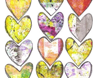 Mixed Media Printable Collage Sheet of 12 Hearts Art Journaling  Ephemera