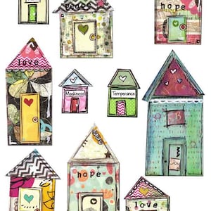 May include: A collage of colourful houses with different words on them, including "Faith", "Peace", "Hope", "Love", "Meekness", "Temperance", "Joy", and "May".