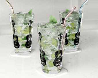 Guitar Pint Glass, 16oz - Musical Beer Glass, Musician Gift, Guitar Player Present, Guitar Lover Barware, Music Theme Drinkware