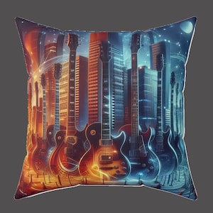 Guitar City Square Pillow Music Lover Home Decor Rock n Roll Guitar Player Gift Musical Instrument Pillow Gift for Guitar Lovers