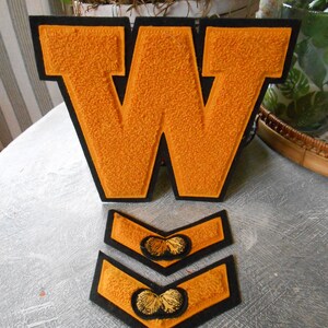 May include: Two orange felt patches with black outlines. The larger patch is a letter W. The smaller patches are chevron shaped with a yellow butterfly design.