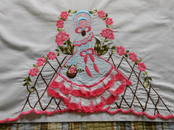 Beautiful Belle Embroidered Pillowcase Vintage Heirloom Crocheted