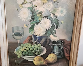 Vintage Henk Bos gerahmter Druck, Stillleben Druck von Henk Bos 1960er Jahre gerahmte Blumen & Trauben Kunst Wanddekoration