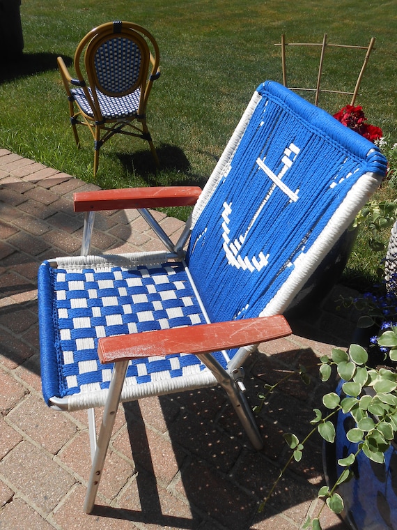 Vintage Nautical Anchor Mid Century Folding Lawn Chair With Macrame Aluminum Frame Ski Rope Patio Chair royal Blue Marina Beach Chair Etsy