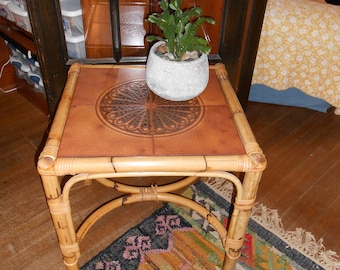 Rattan side table, rattan end table, rattan coffee table, Tile top, Sunroom furniture, Rattan Tile Top Table, Tiki Tropical Boho