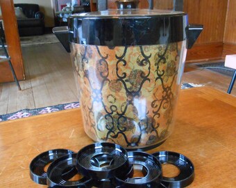 Vintage Thermoserv Ice Bucket Geometric funky  Design Black Gold Orange Made in USA Retro Barware with coasters