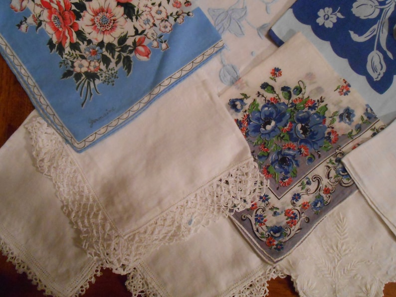 One dozen beautiful vintage hankies Shades of Blue and white, perfect for a wedding image 3