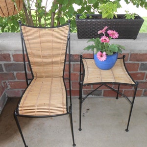 Iron & bamboo chair and side table designed by Pipsan Saarinen for Ficks Reed, c. Mid Century Modern Wrought Iron Table and Chair
